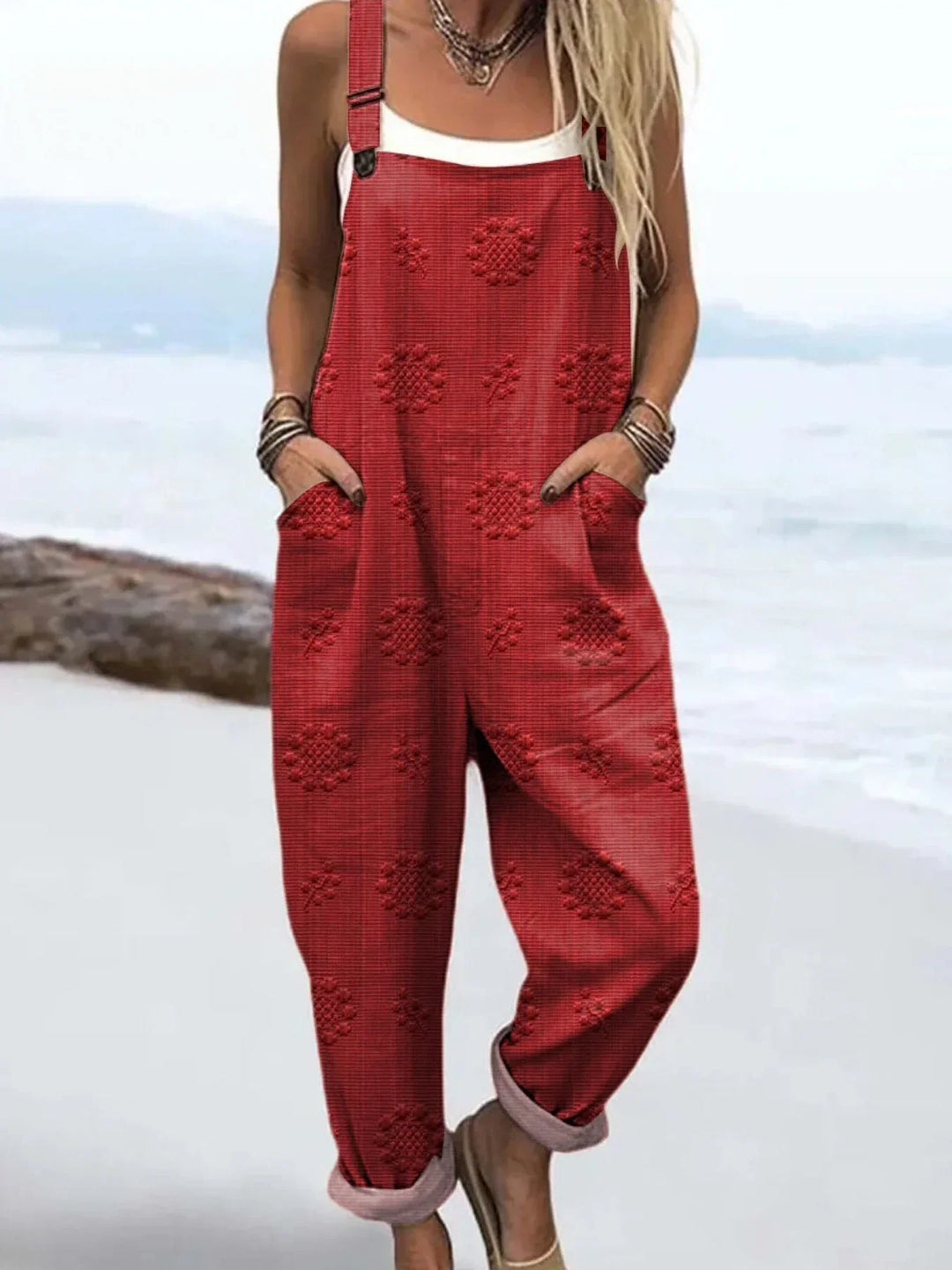 Women's Vintage Floral Pattern Art Print Casual Cotton Linen Wide Leg Jumpsuit