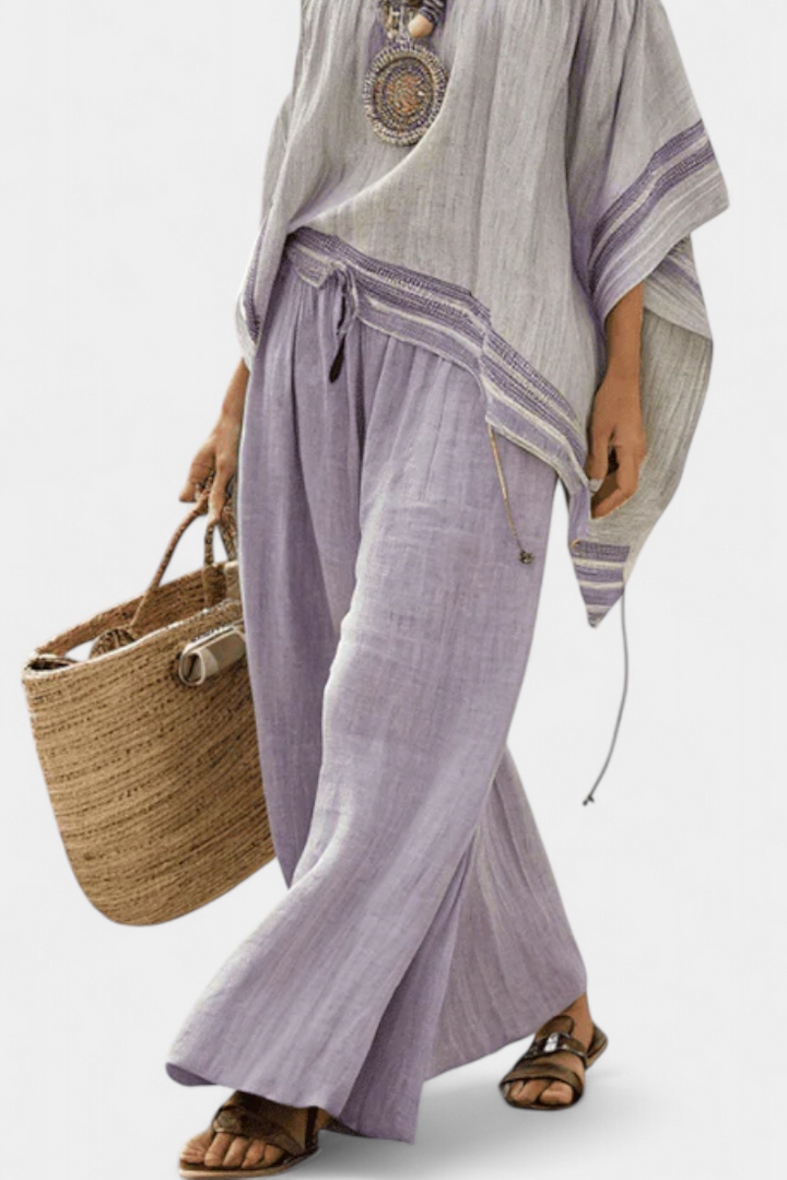 Serenella – off-the-shoulder top and wide-leg striped trousers
