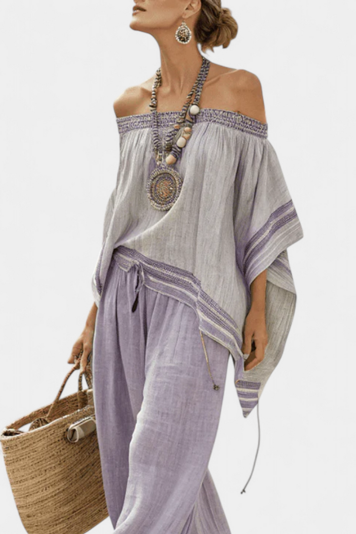 Serenella – off-the-shoulder top and wide-leg striped trousers