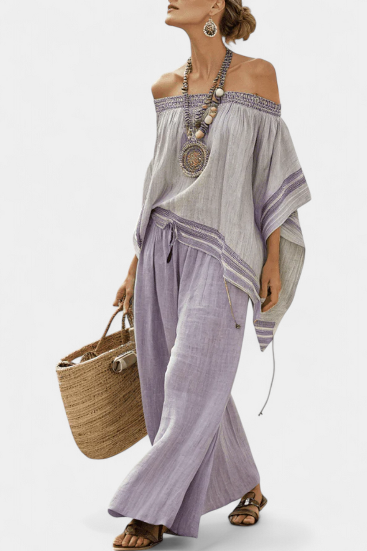 Serenella – off-the-shoulder top and wide-leg striped trousers