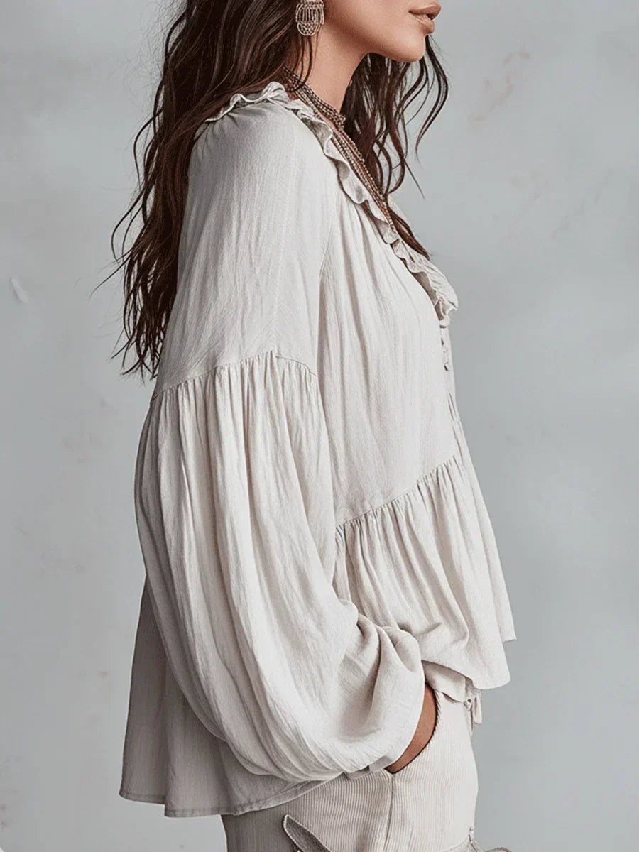 Narella - Blouse with V-neck and Ruffles