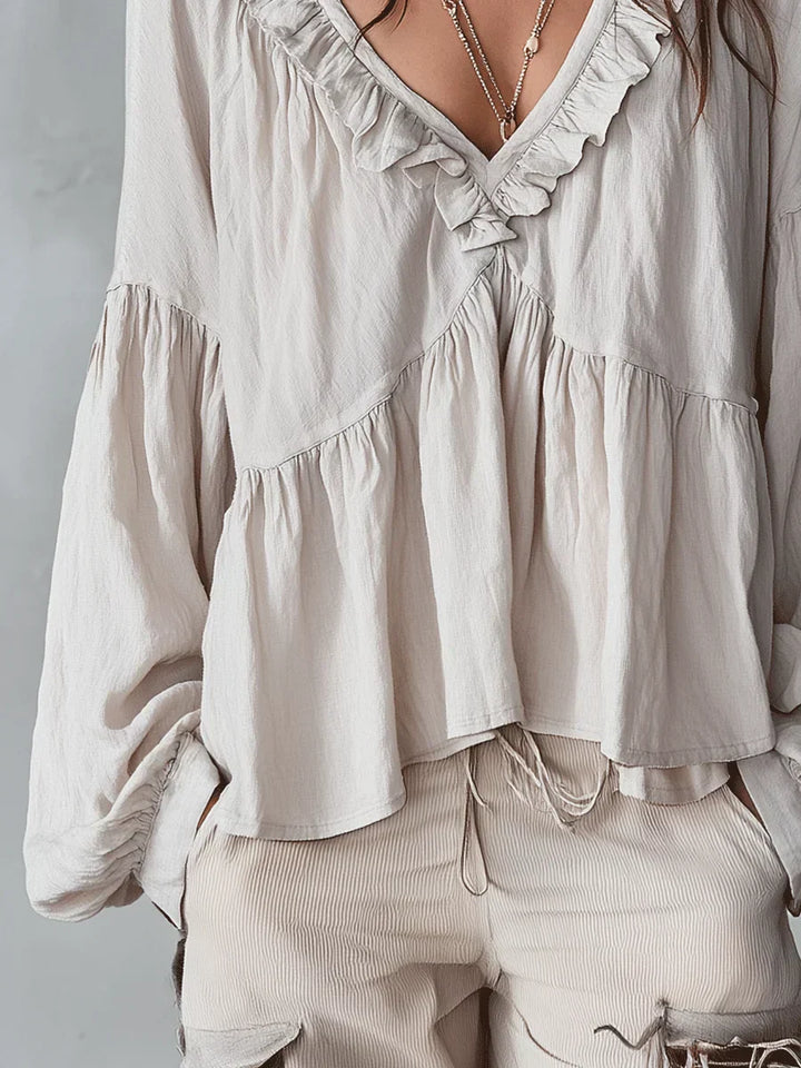 Narella - Blouse with V-neck and Ruffles