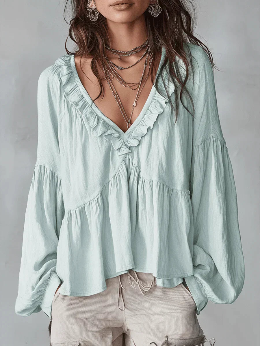 Narella - Blouse with V-neck and Ruffles