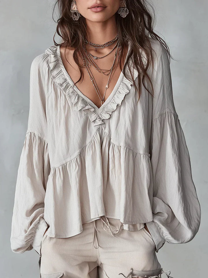 Narella - Blouse with V-neck and Ruffles