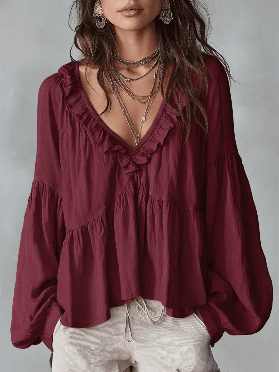 Narella - Blouse with V-neck and Ruffles