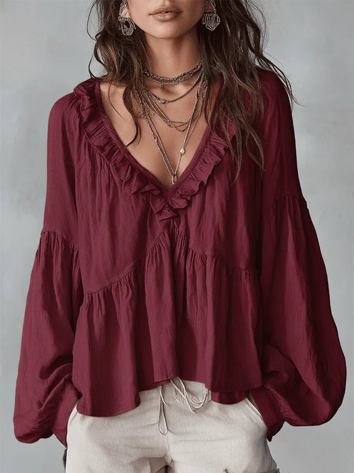 Narella - Blouse with V-neck and Ruffles