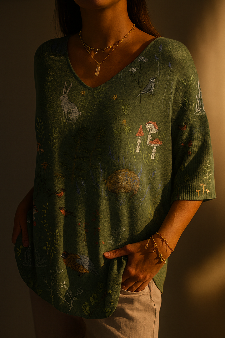 Amelia | Woodland And Animals Repeat Pattern Printed Women's Casual Pullover