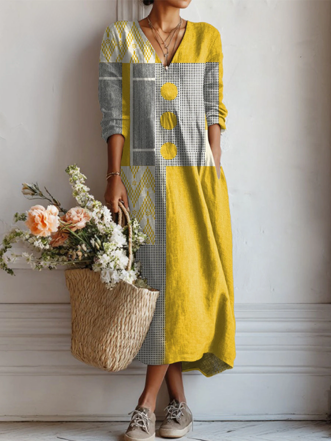 Women's Vintage-Inspired Abstract Geometric Print Linen Pocket Tunic Dress