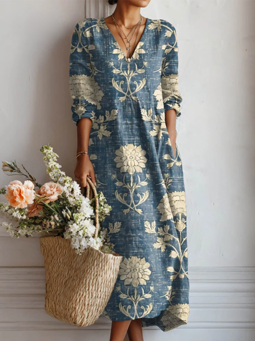 Vintage Floral Print Cotton-Linen Pocket Dress for Women