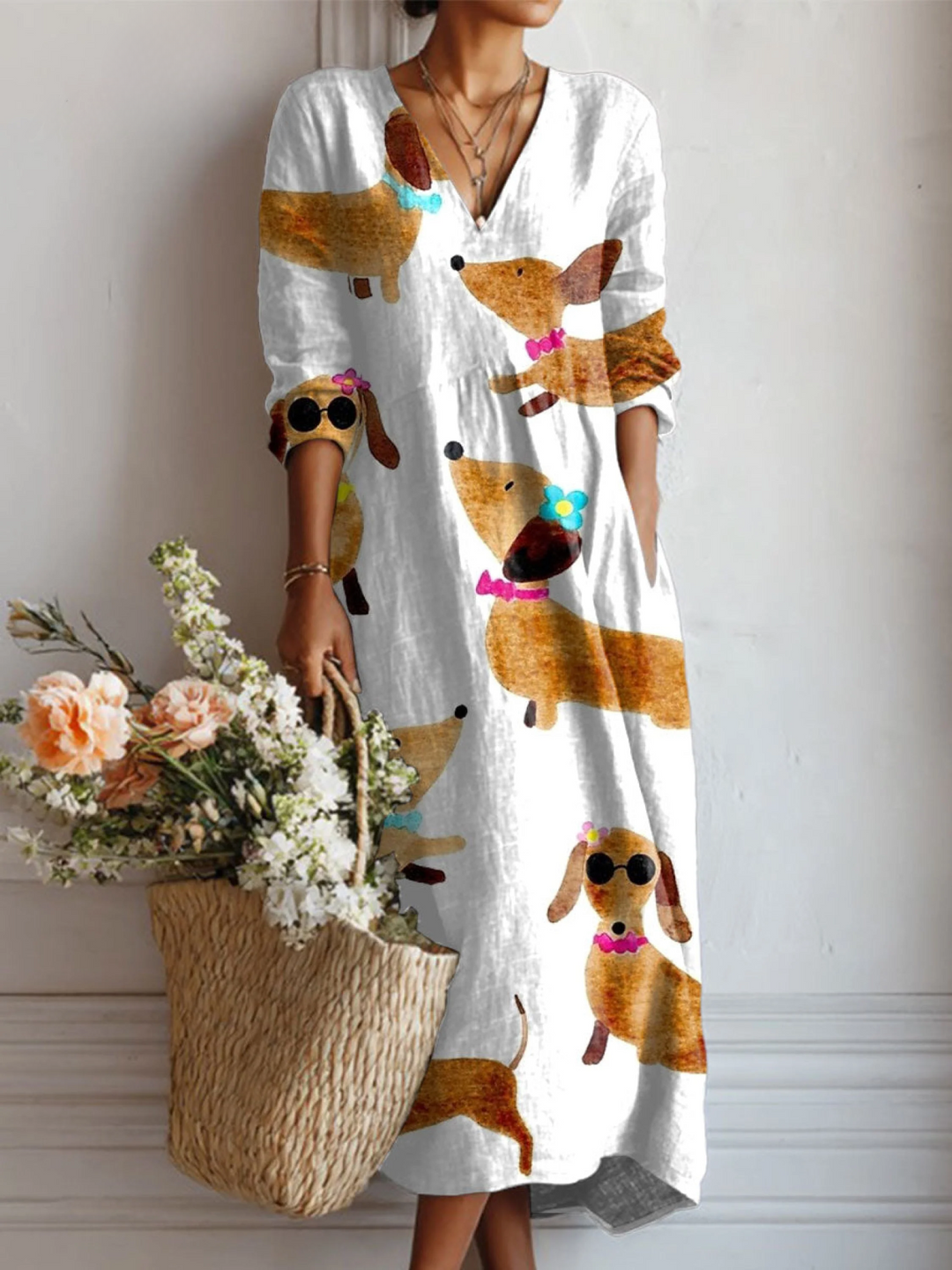Women's Linen Pocket Dress featuring Vintage Dachshund Art Print