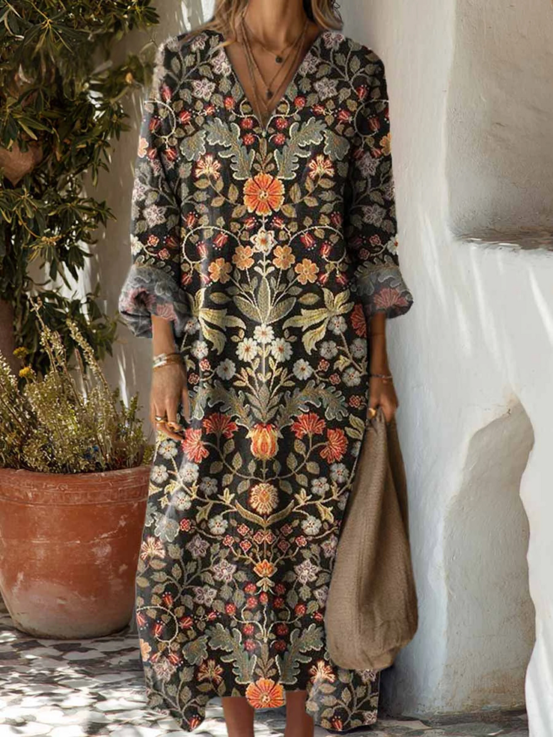 Women's Cotton Dress with Vintage Floral Print