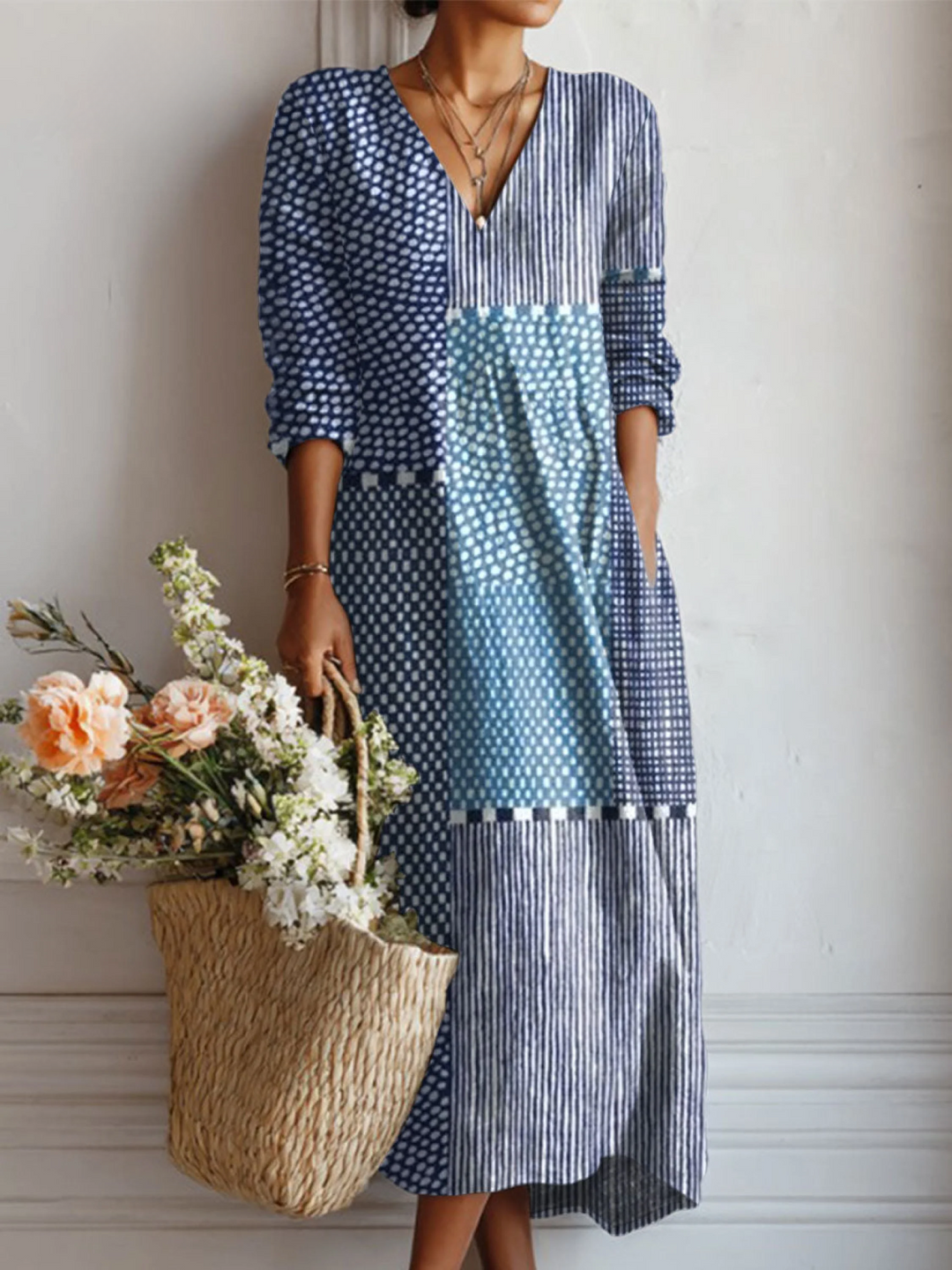 Women's Vintage-Inspired Abstract Geometric Linen Pocket Dress