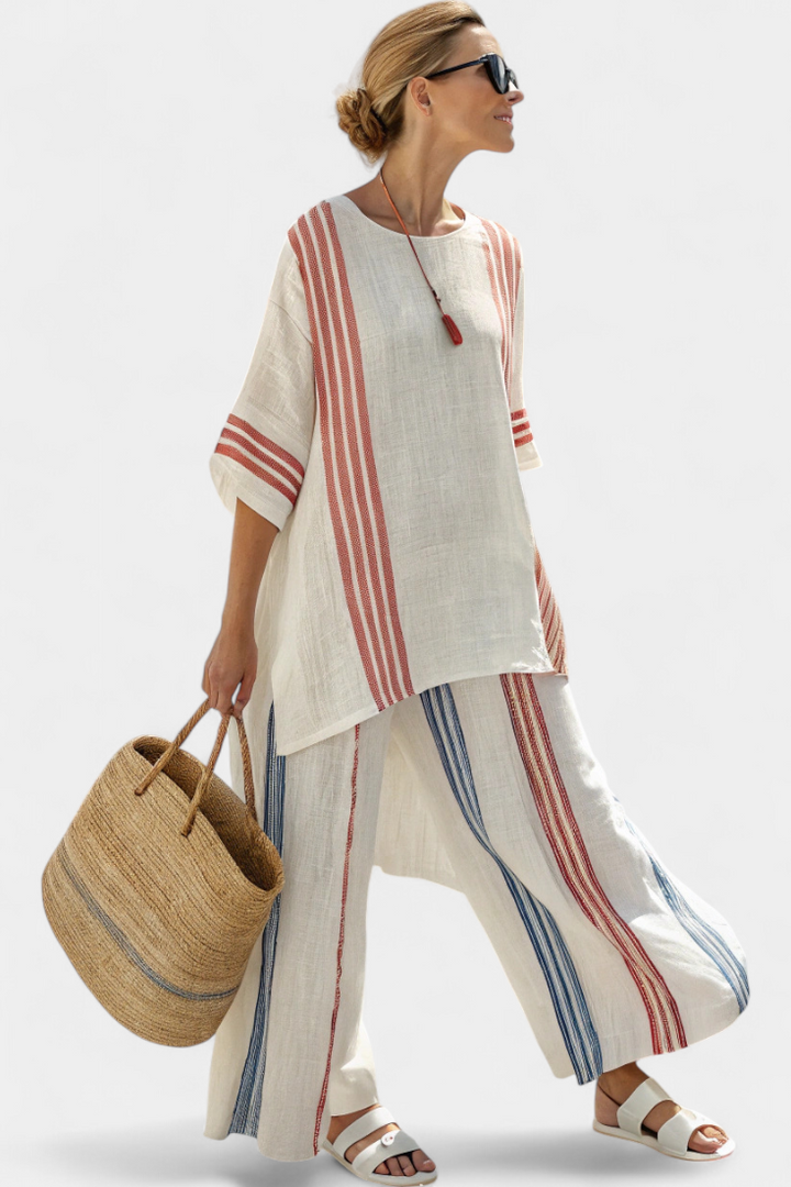 Ludovica – sophisticated multicoloured striped top and Mediterranean trousers