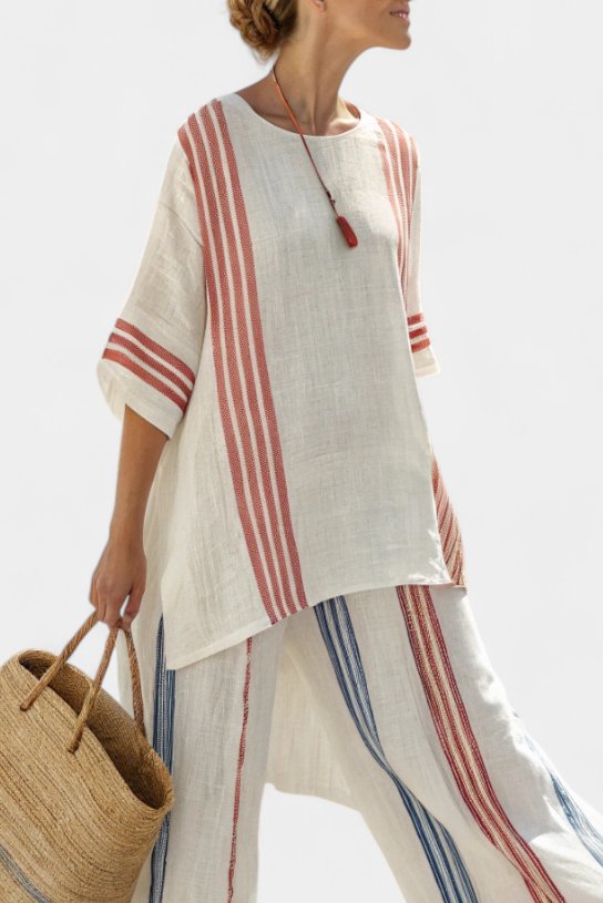 Ludovica – sophisticated multicoloured striped top and Mediterranean trousers