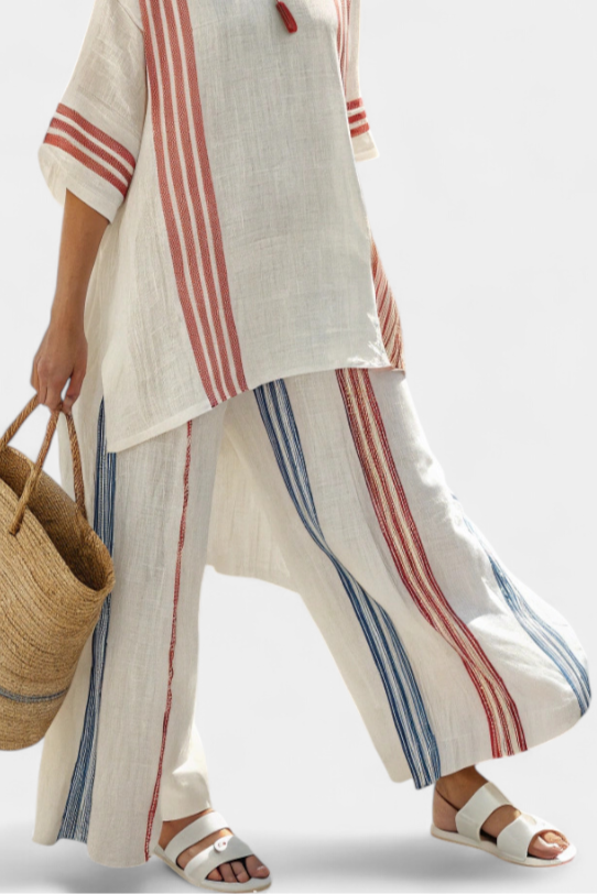 Ludovica – sophisticated multicoloured striped top and Mediterranean trousers
