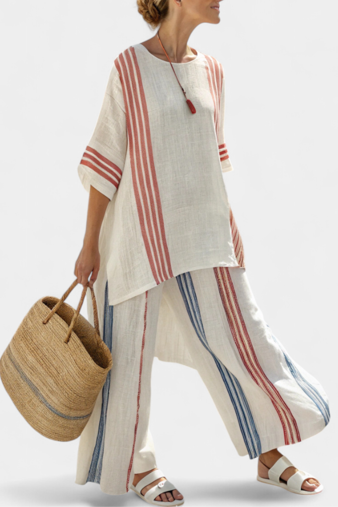 Ludovica – sophisticated multicoloured striped top and Mediterranean trousers