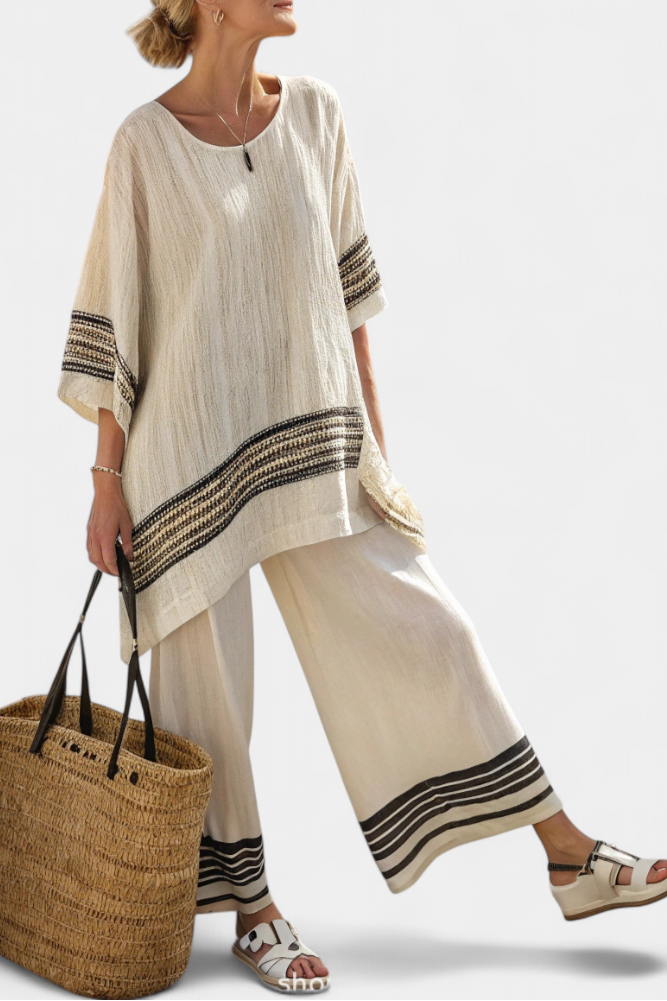 Mariella – elegant black striped linen top and fluid trousers