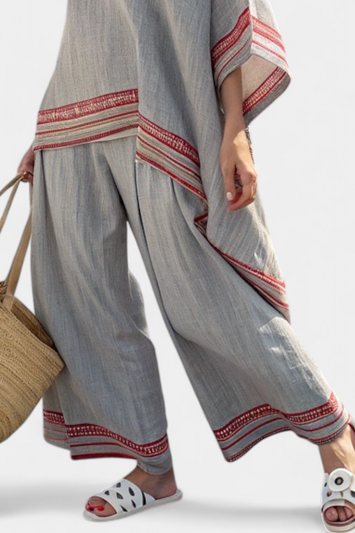 Rossella – sophisticated asymmetric blouse and wide-leg ethnic trousers