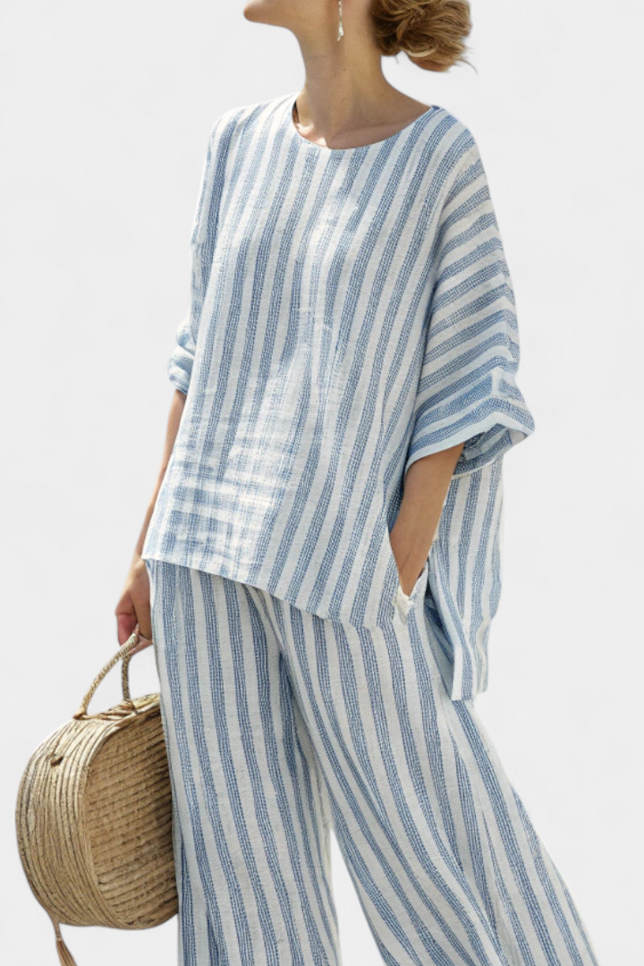 Federica – sophisticated blue striped linen top and relaxed trousers