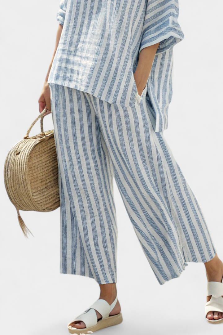 Federica – sophisticated blue striped linen top and relaxed trousers
