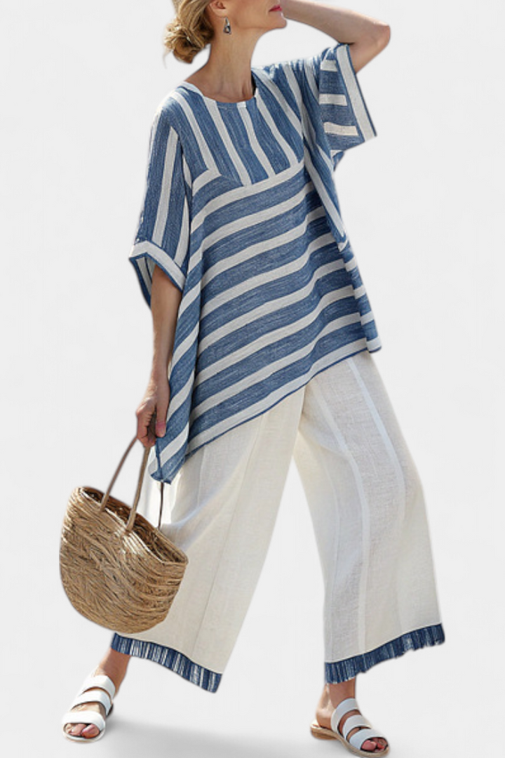 Ornella – sophisticated blue striped top and trousers with details at the bottom