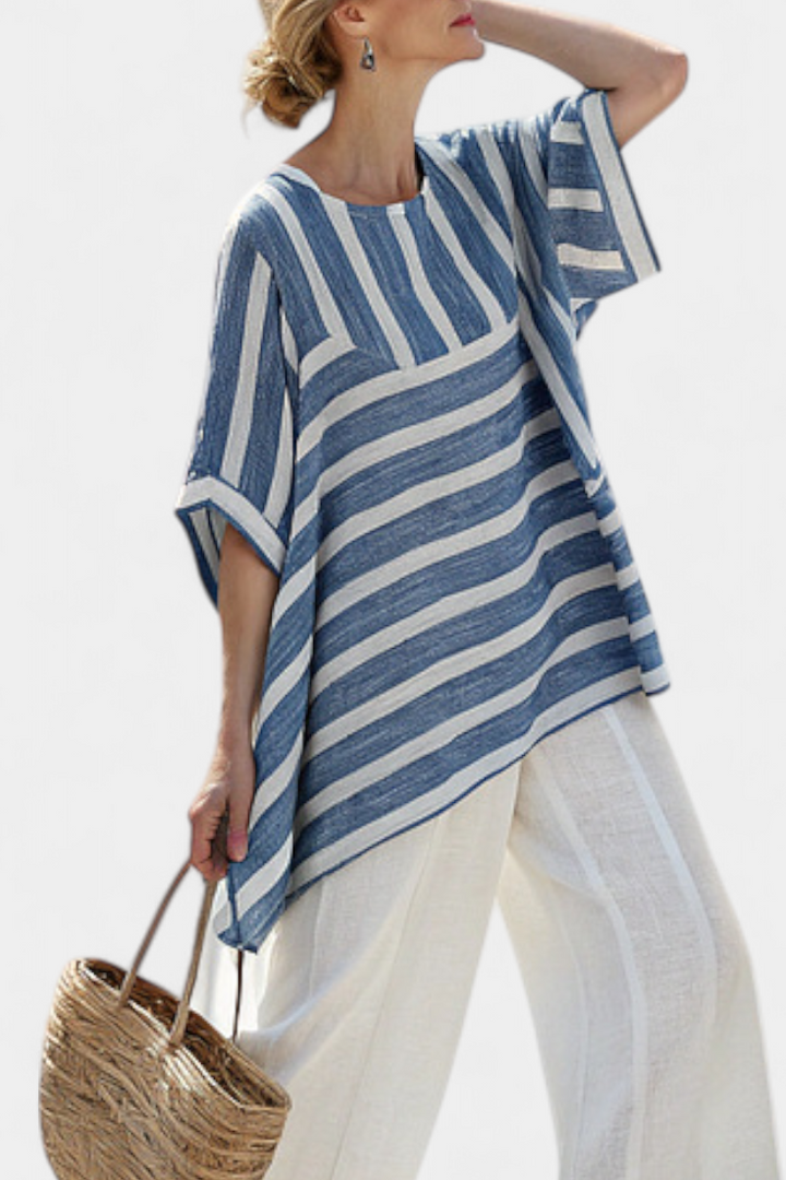 Ornella – sophisticated blue striped top and trousers with details at the bottom