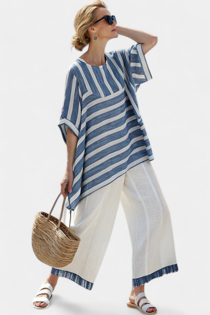 Ornella – sophisticated blue striped top and trousers with details at the bottom