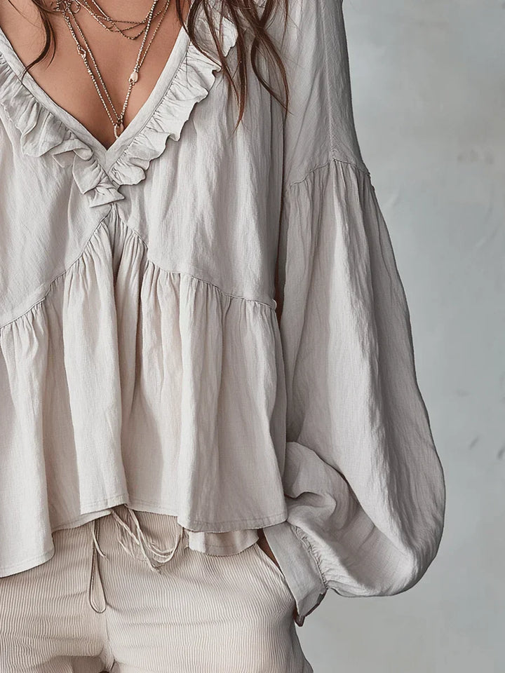 Narella - Blouse with V-neck and Ruffles