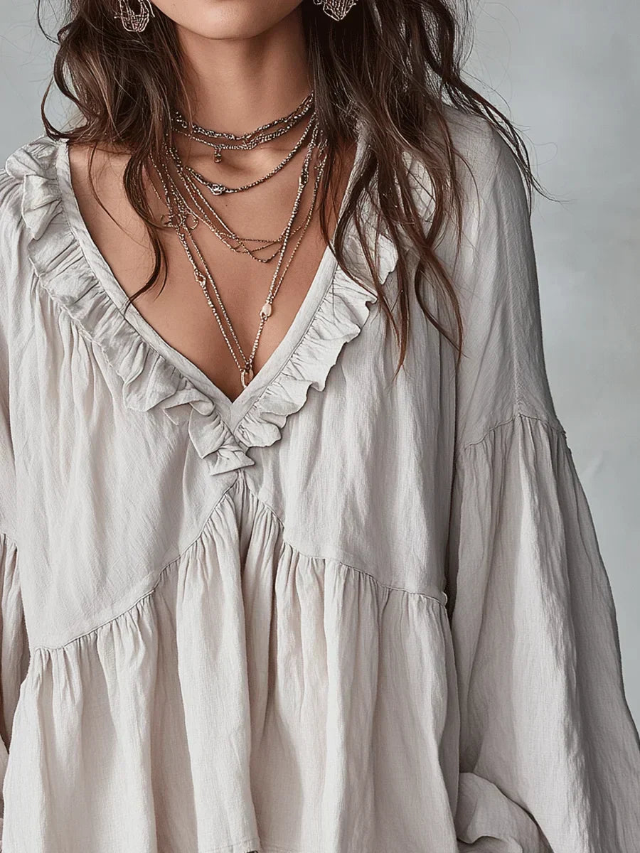 Narella - Blouse with V-neck and Ruffles