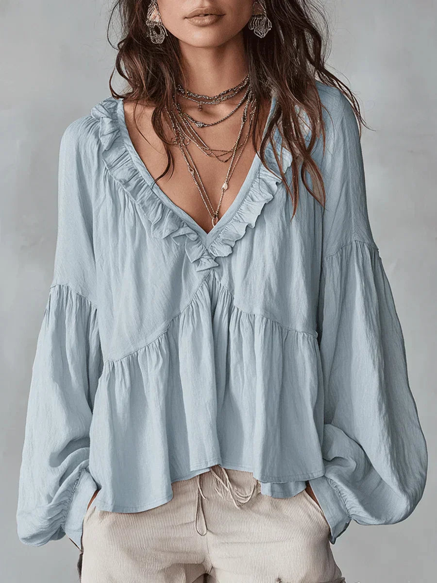 Narella - Blouse with V-neck and Ruffles