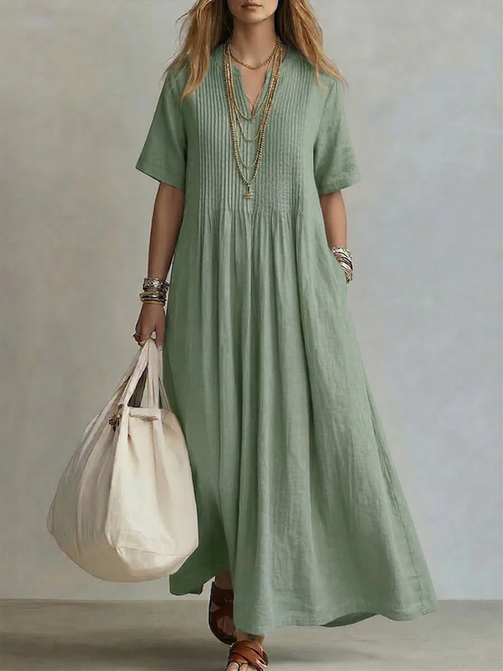 Saida – V-Neck Maxi Dress with Short Sleeves and Flowing Fit