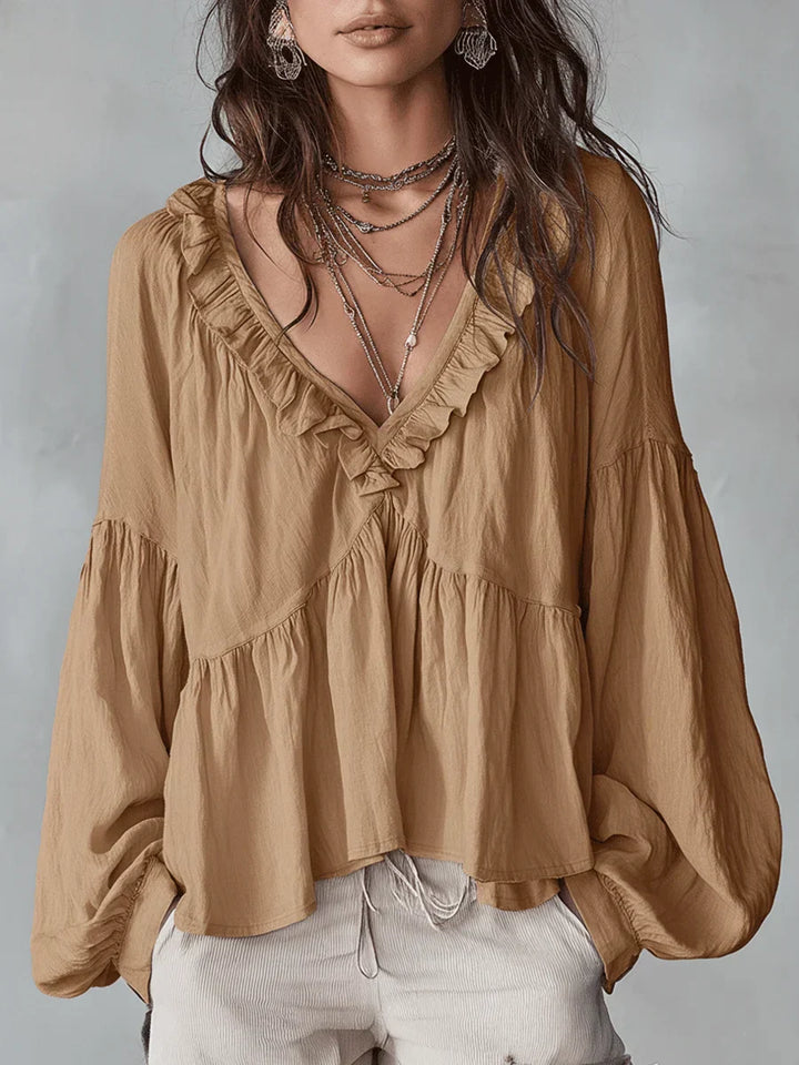 Narella - Blouse with V-neck and Ruffles